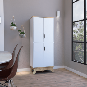 Double Kitchen Pantry Wallas, Double Door, Four Legs, Four Shelves, Light Oak / White Finish