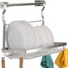 Dish Drying Rack, Above Sink Single Tier Stainless Steel Organizer with Drainer and Hooks - Silver